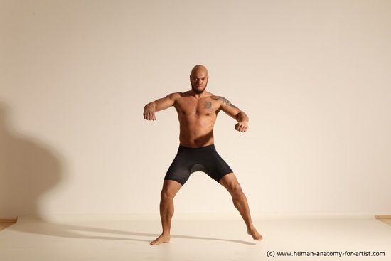 Underwear Gymnastic poses Man Black Muscular Bald Dancing Dynamic poses Academic