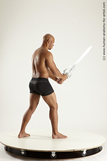 Underwear Fighting with sword Man Black Sitting poses - simple Muscular Bald Sitting poses - ALL Multi angles poses Academic