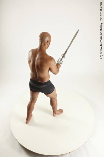 Underwear Fighting with sword Man Black Sitting poses - simple Muscular Bald Sitting poses - ALL Multi angles poses Academic