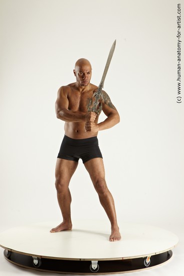Underwear Fighting with sword Man Black Sitting poses - simple Muscular Bald Sitting poses - ALL Multi angles poses Academic
