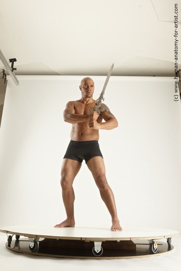 Underwear Fighting with sword Man Black Sitting poses - simple Muscular Bald Sitting poses - ALL Multi angles poses Academic