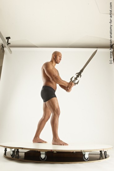 Underwear Fighting with sword Man Black Sitting poses - simple Muscular Bald Sitting poses - ALL Multi angles poses Academic