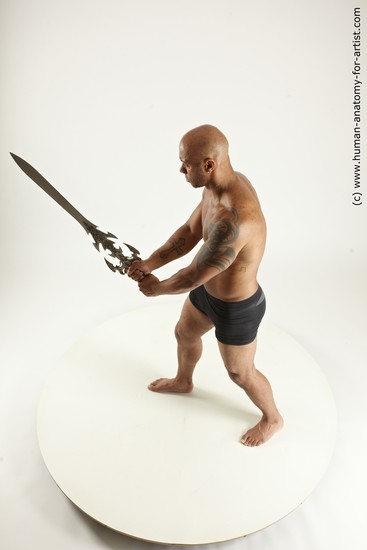 Underwear Fighting with sword Man Black Sitting poses - simple Muscular Bald Sitting poses - ALL Multi angles poses Academic