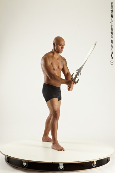 Underwear Fighting with sword Man Black Sitting poses - simple Muscular Bald Sitting poses - ALL Multi angles poses Academic