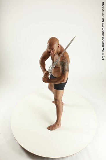 Underwear Fighting with sword Man Black Sitting poses - simple Muscular Bald Sitting poses - ALL Multi angles poses Academic