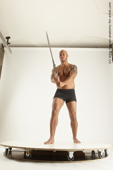 Underwear Fighting with sword Man Black Sitting poses - simple Muscular Bald Sitting poses - ALL Multi angles poses Academic