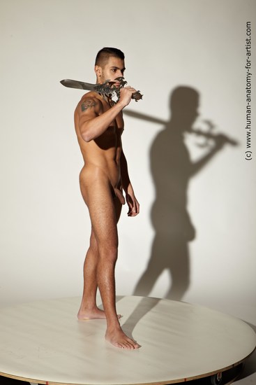 Nude Fighting with sword Man White Standing poses - ALL Athletic Short Brown Standing poses - simple Realistic
