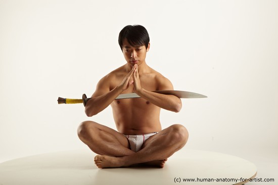 Underwear Fighting with sword Man Asian Average Medium Black Academic