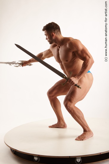 Underwear Fighting with sword Man White Muscular Medium Black Academic