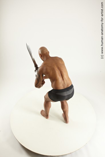 Underwear Fighting with sword Man Another Muscular Bald Multi angles poses Academic