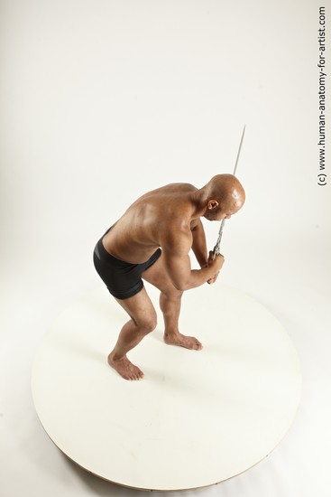 Underwear Fighting with sword Man Another Muscular Bald Multi angles poses Academic