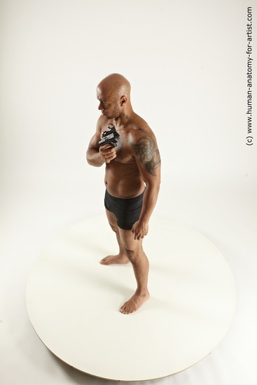 Underwear Fighting with gun Man Black Sitting poses - simple Muscular Bald Sitting poses - ALL Multi angles poses Academic