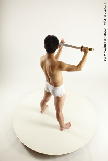 Underwear Fighting with sword Man Asian Slim Short Black Multi angles poses Academic