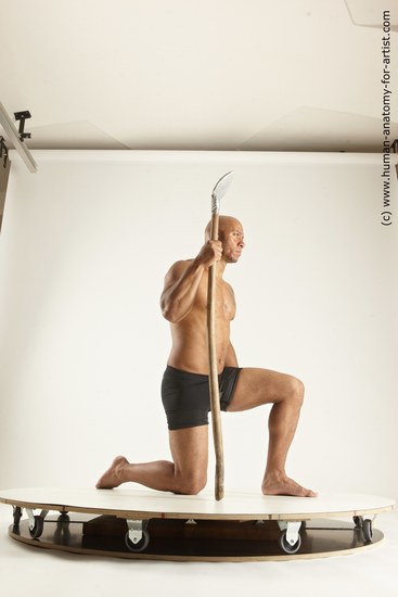 Underwear Fighting Man Black Muscular Bald Multi angles poses Academic