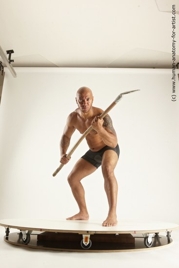 Underwear Fighting Man Black Muscular Bald Multi angles poses Academic