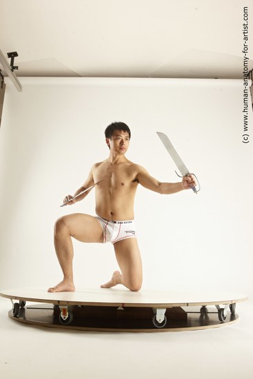 Underwear Fighting with sword Man Asian Slim Short Black Dynamic poses Academic