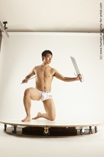 Underwear Fighting with sword Man Asian Slim Short Black Dynamic poses Academic