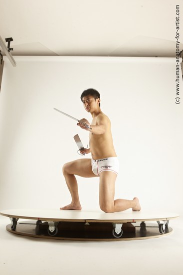 Underwear Fighting with sword Man Asian Slim Short Black Dynamic poses Academic