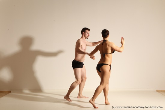 Swimsuit Woman - Man White Slim Brown Dancing Dynamic poses Academic