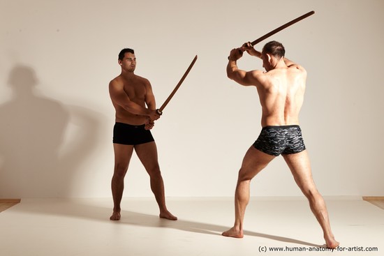 Underwear Fighting with spear Man - Man White Moving poses Muscular Short Brown Dynamic poses Academic