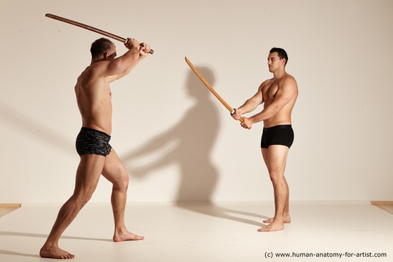 Underwear Fighting with spear Man - Man White Moving poses Muscular Short Brown Dynamic poses Academic