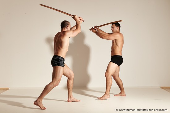 Underwear Fighting with spear Man - Man White Moving poses Muscular Short Brown Dynamic poses Academic