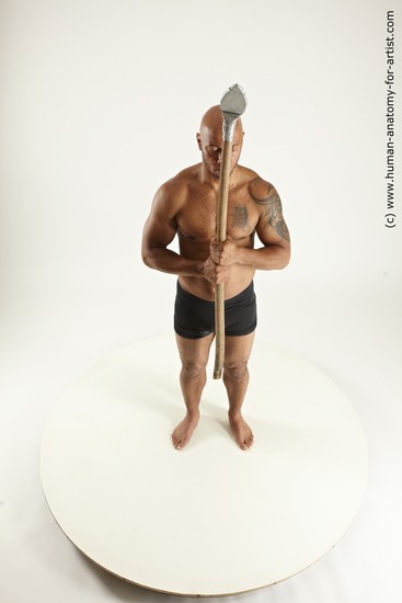 Underwear Fighting with spear Man Black Standing poses - ALL Muscular Bald Standing poses - simple Multi angles poses Academic