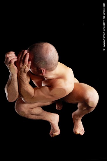 Nude Man White Muscular Bald Hyper angle poses Realistic