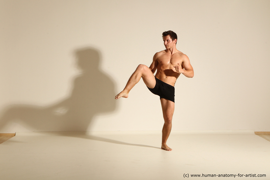 Underwear Fighting Man White Muscular Short Brown Dynamic poses Academic