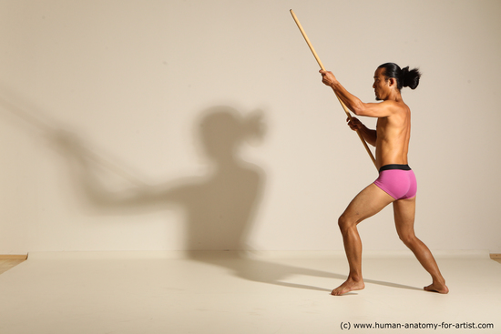 Underwear Fighting with spear Man Asian Athletic Long Black Dynamic poses Academic