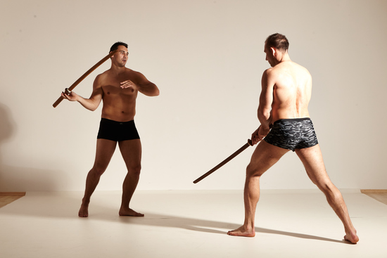 Underwear Fighting Man - Man White Muscular Short Brown Dynamic poses Academic