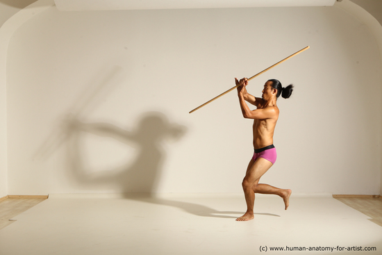 Underwear Fighting with spear Man Asian Athletic Long Black Dynamic poses Academic