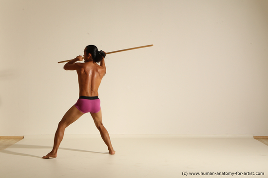 Underwear Fighting with spear Man Asian Athletic Long Black Dynamic poses Academic