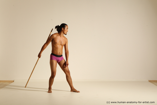 Underwear Fighting with spear Man Asian Athletic Long Black Dynamic poses Academic