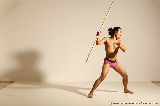 Underwear Fighting with spear Man Asian Athletic Long Black Dynamic poses Academic