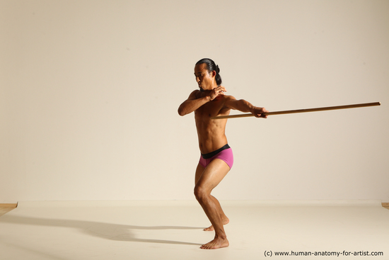 Underwear Fighting with spear Man Asian Slim Long Black Dynamic poses Academic