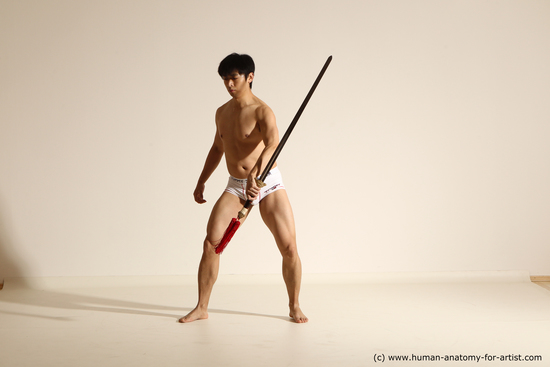 Underwear Fighting with sword Man Asian Athletic Short Black Dynamic poses Academic