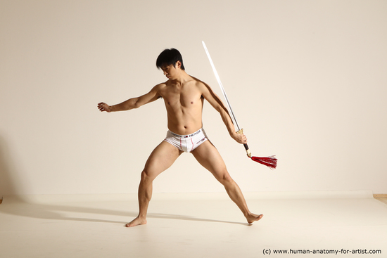 Underwear Fighting with sword Man Asian Athletic Short Black Dynamic poses Academic