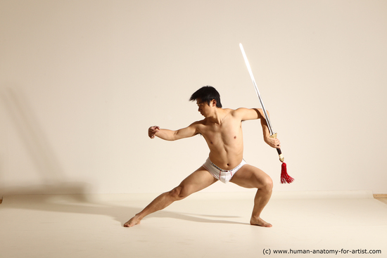 Underwear Fighting with sword Man Asian Athletic Short Black Dynamic poses Academic