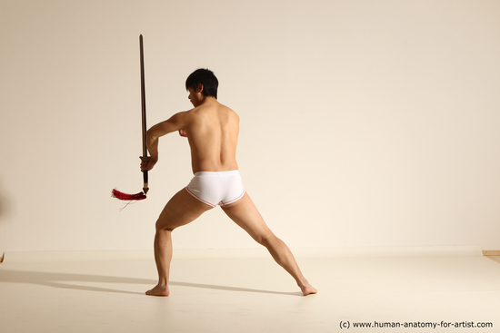 Underwear Fighting with sword Man Asian Athletic Short Black Dynamic poses Academic