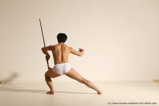 Underwear Fighting with sword Man Asian Athletic Short Black Dynamic poses Academic