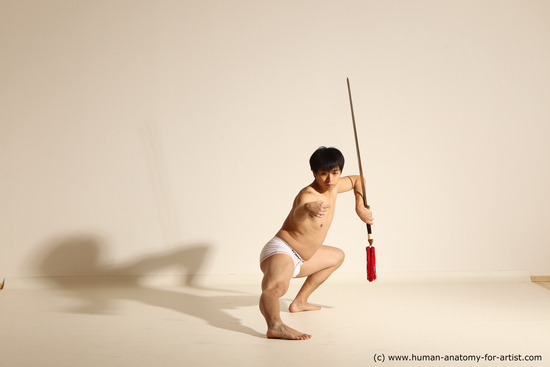 Underwear Fighting with sword Man Asian Athletic Short Black Dynamic poses Academic