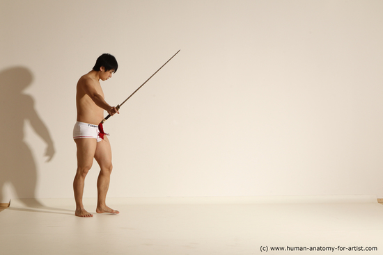 Underwear Fighting with sword Man Asian Athletic Medium Black Dynamic poses Academic