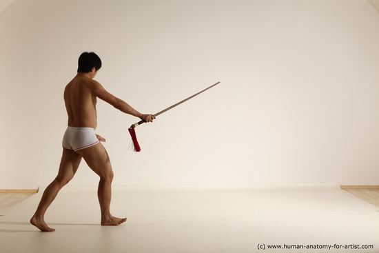 Underwear Fighting with sword Man Asian Athletic Medium Black Dynamic poses Academic