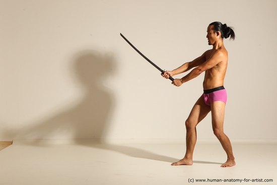 Underwear Fighting with sword Man Asian Athletic Long Black Standard Photoshoot Academic