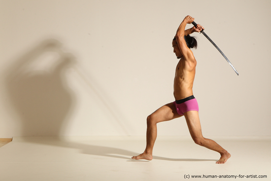 Underwear Fighting with sword Man Asian Athletic Long Black Standard Photoshoot Academic