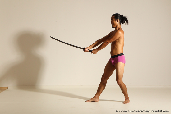 Underwear Fighting with sword Man Asian Athletic Long Black Standard Photoshoot Academic