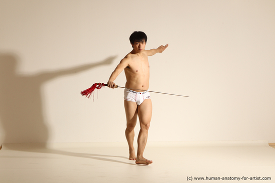 Underwear Fighting with sword Man Asian Slim Short Black Dynamic poses Academic