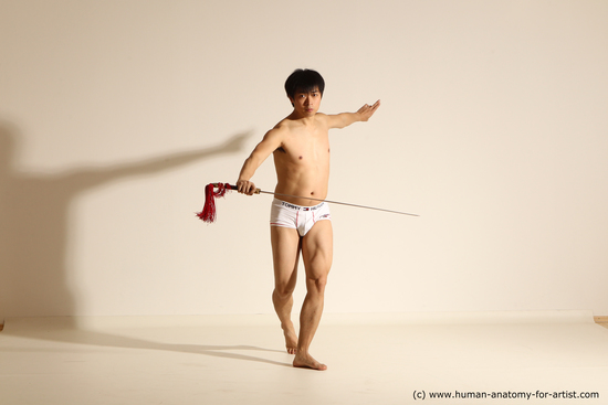 Underwear Fighting with sword Man Asian Slim Short Black Dynamic poses Academic