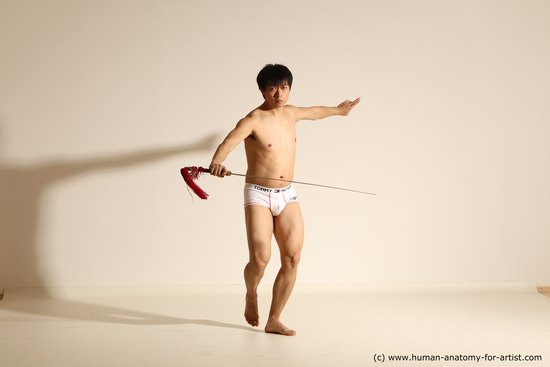 Underwear Fighting with sword Man Asian Slim Short Black Dynamic poses Academic